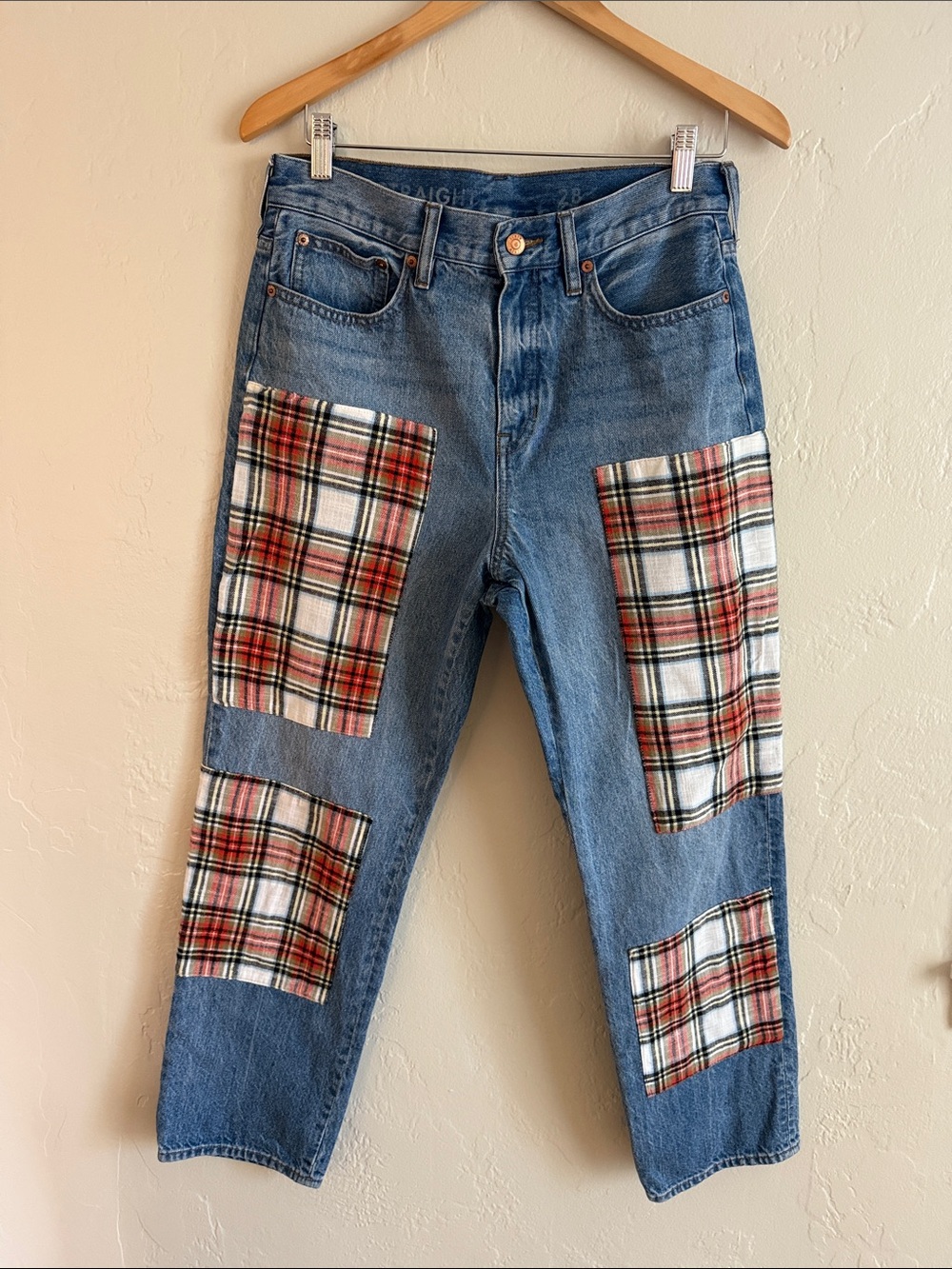 J. Crew 100% Cotton Denim High Waist Straight Leg Jeans with Red Plaid Patches